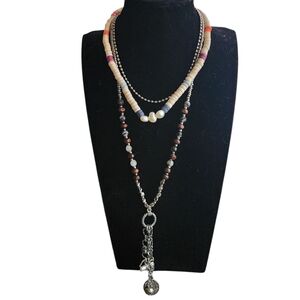 Free People Layered Pearl Heishi Beaded Necklace Silver Multi Strand Boho NWT